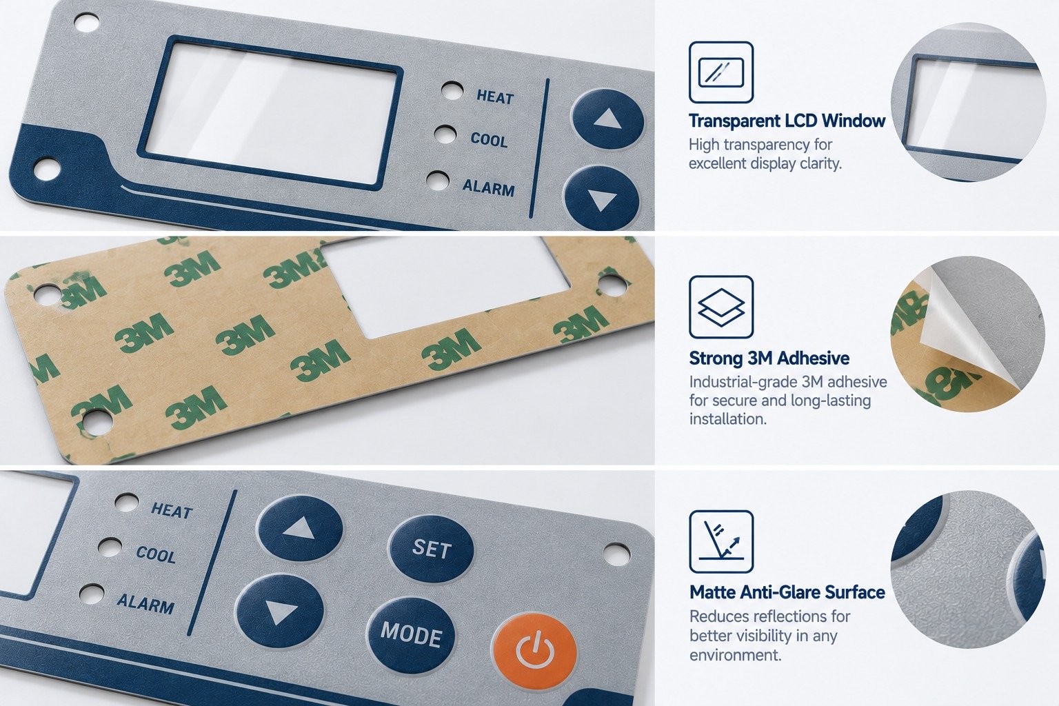 Product fascia with display windows indicator areas and printed graphics