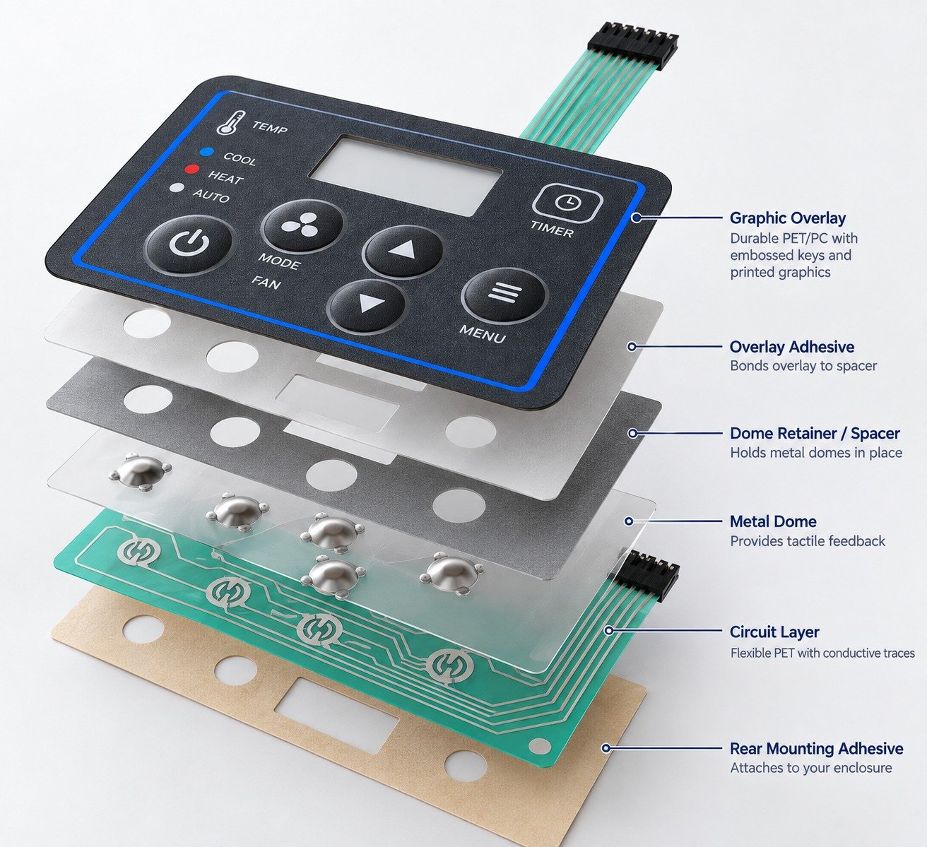 Rim and pillow embossing on a custom membrane switch keypad