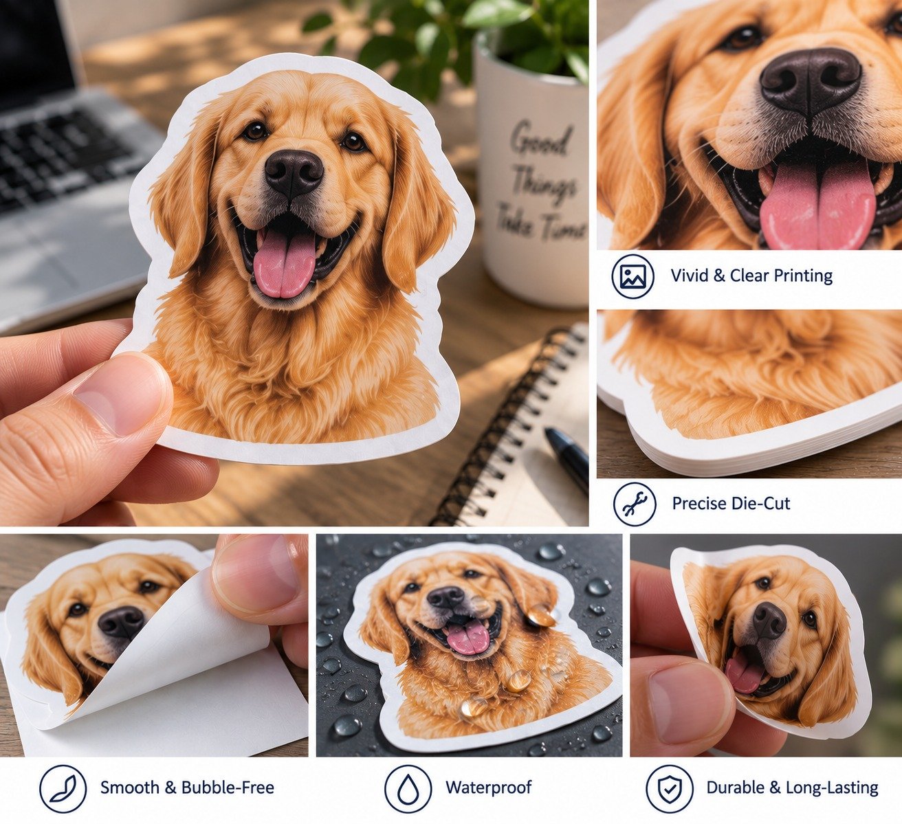 Die-cut sticker construction with printed face material and adhesive backing