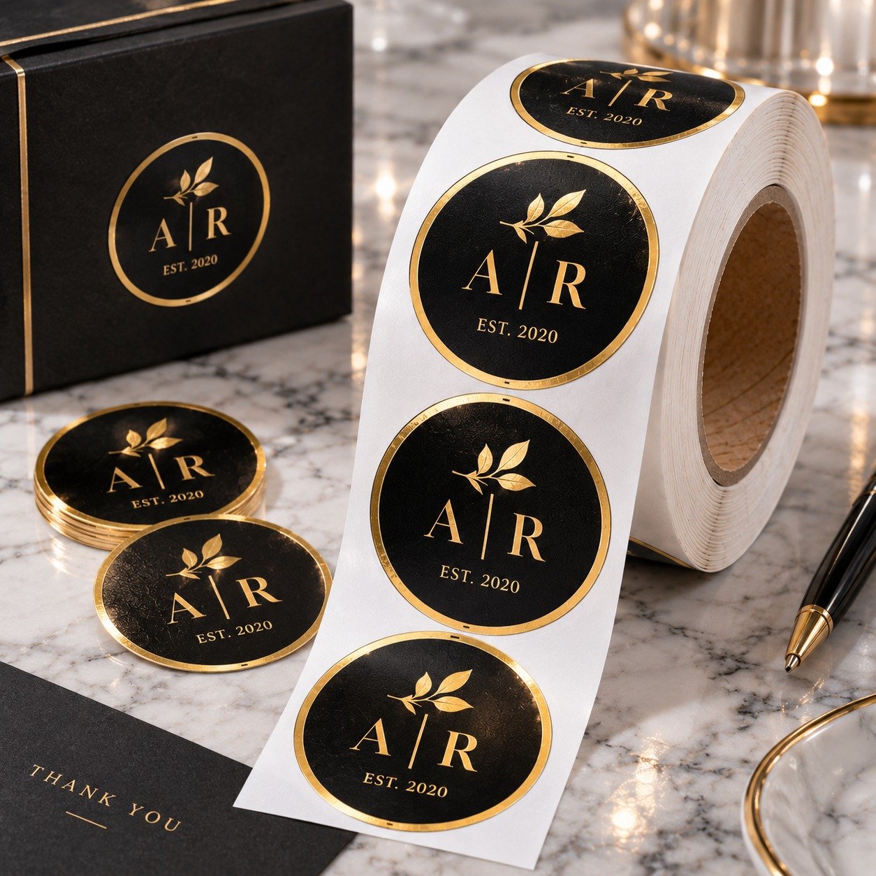 Custom metallic foil stickers for branded packaging