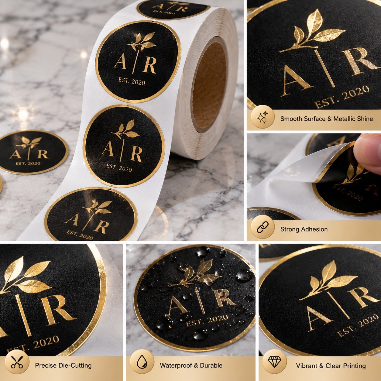 Metallic sticker material and adhesive construction