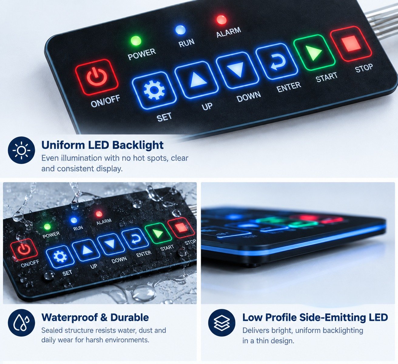 LED backlit membrane switch layers with circuit and flexible tail