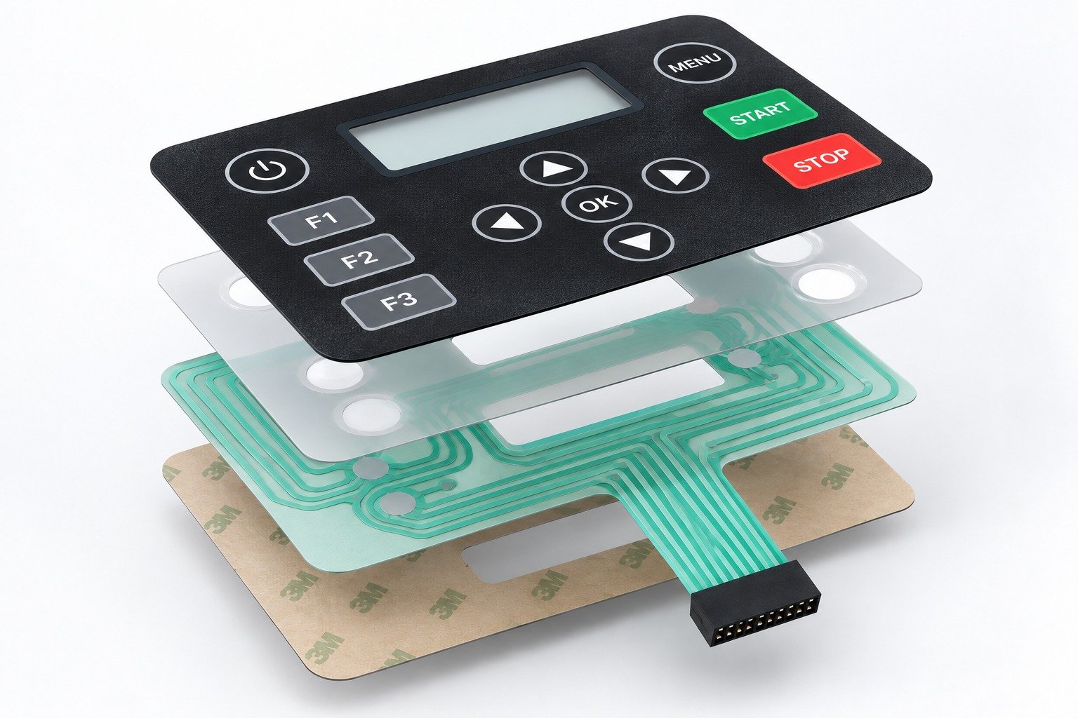Non-tactile membrane switch panel with display windows and printed key zones