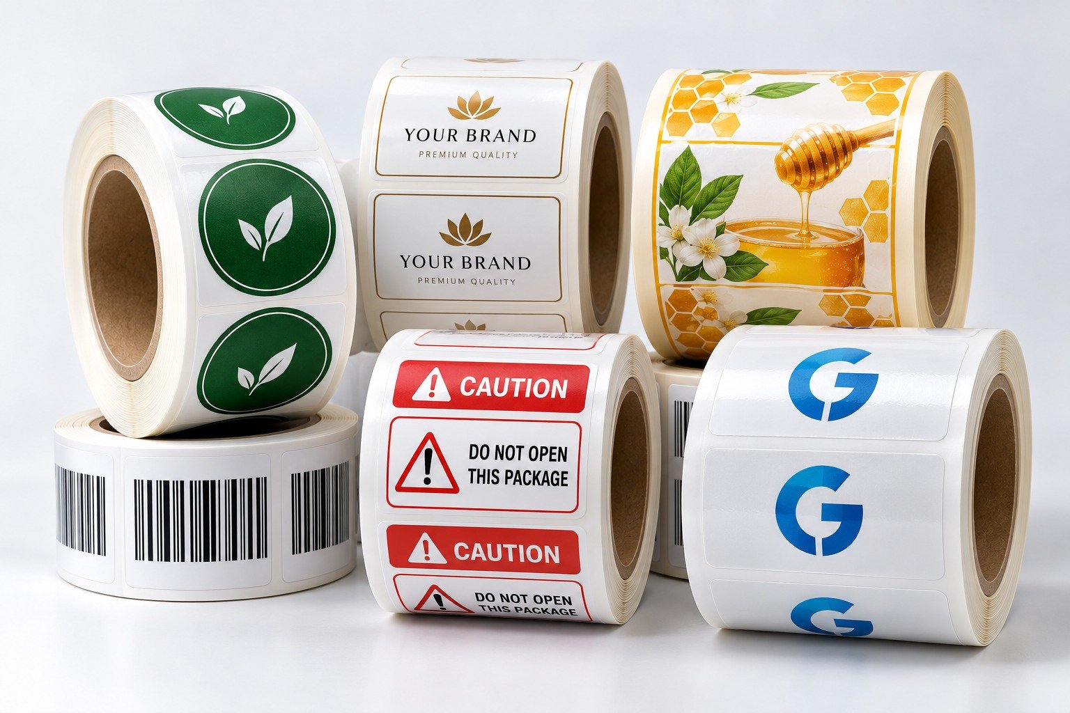 Custom self-adhesive labels, die-cut stickers, and roll labels